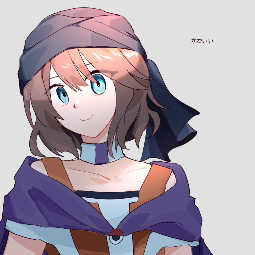 1other androgynous bandana black_bandana blue_eyes brown_hair cape choker cine_hamal closed_mouth collarbone commentary eye_brooch eye_of_senri eyes_visible_through_hair grey_background hair_between_eyes happy highres jacket kuzu_suzumi len&#039;en off-shoulder_shirt off_shoulder orange_jacket other_focus purple_cape re1re133 shirt short_hair simple_background sleeveless sleeveless_jacket smile solo turban upper_body white_choker white_shirt