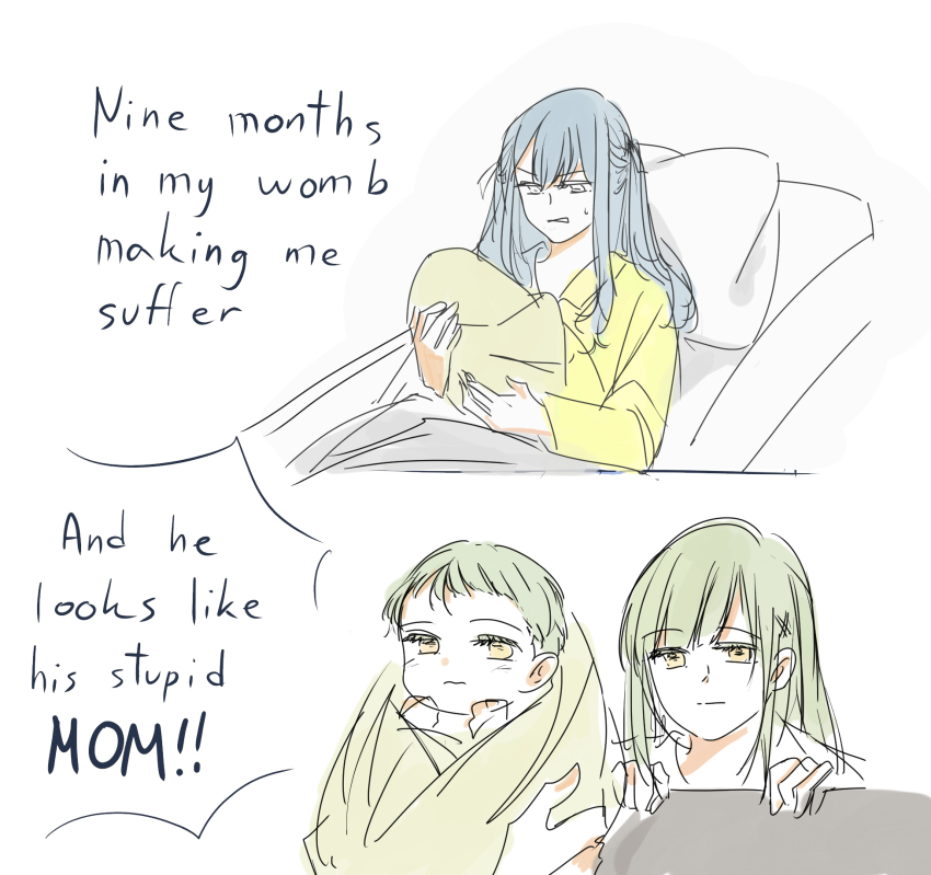 3: 3girls :| afi_(mydistantblue) and_he_looks_like_his_stupid_dad_(meme) baby bang_dream! bang_dream!_it&#039;s_mygo!!!!! bed blue_hair carrying_baby carrying_person clenched_teeth closed_mouth commentary english_commentary english_text expressionless frown green_hair highres hospital_bed hospital_gown if_they_mated ips_cells long_hair meme multiple_girls on_bed parted_lips short_hair speech_bubble swaddled teeth togawa_sakiko two_side_up wakaba_mutsumi yellow_eyes