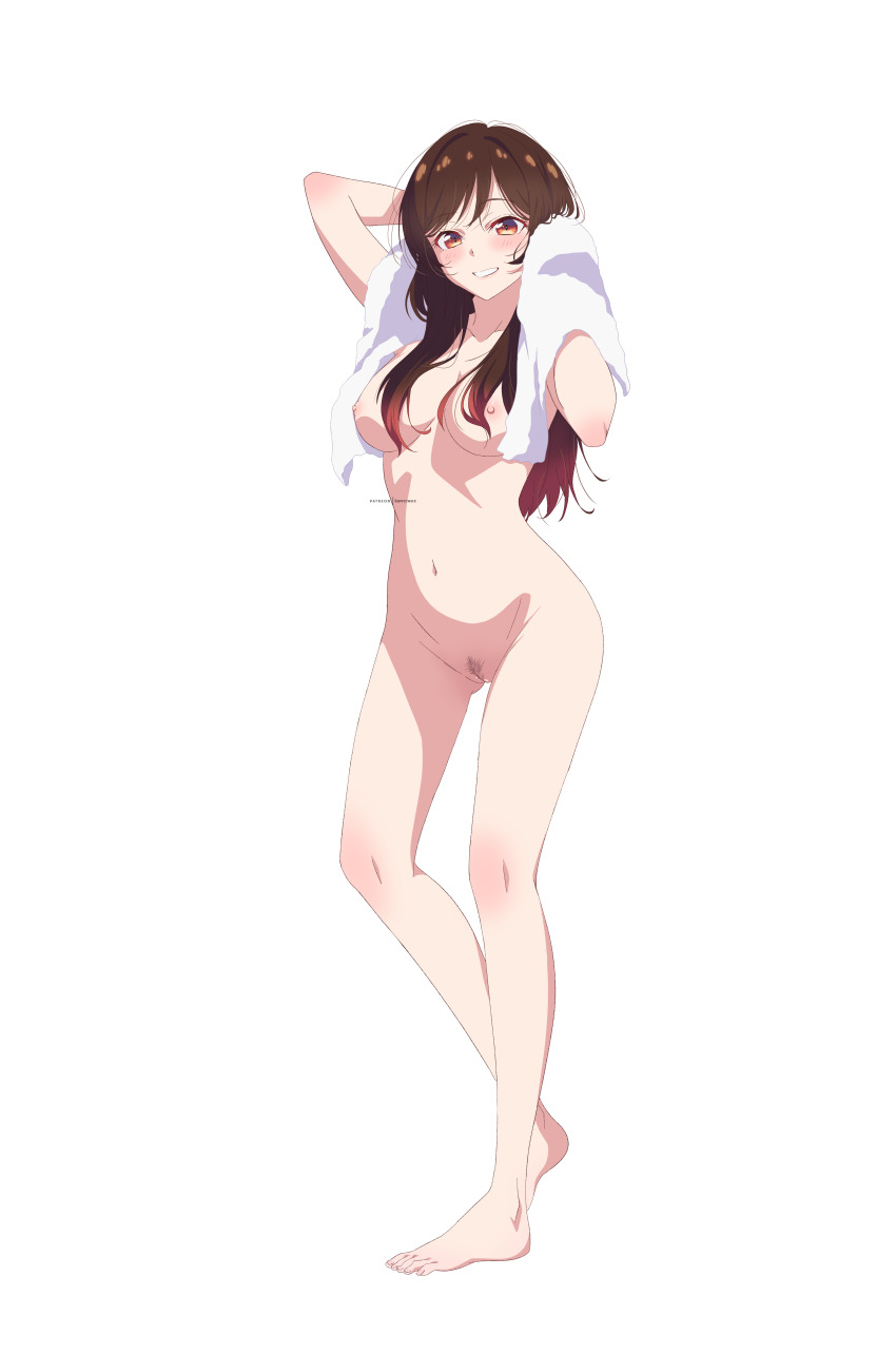 1girl absurdres artist_name barefoot blush breasts brown_hair completely_nude drying drying_hair female_pubic_hair full_body highres kanojo_okarishimasu kevcrexx long_hair looking_at_viewer medium_breasts mizuhara_chizuru nipples nude pubic_hair pussy simple_background smile solo standing towel uncensored white_background