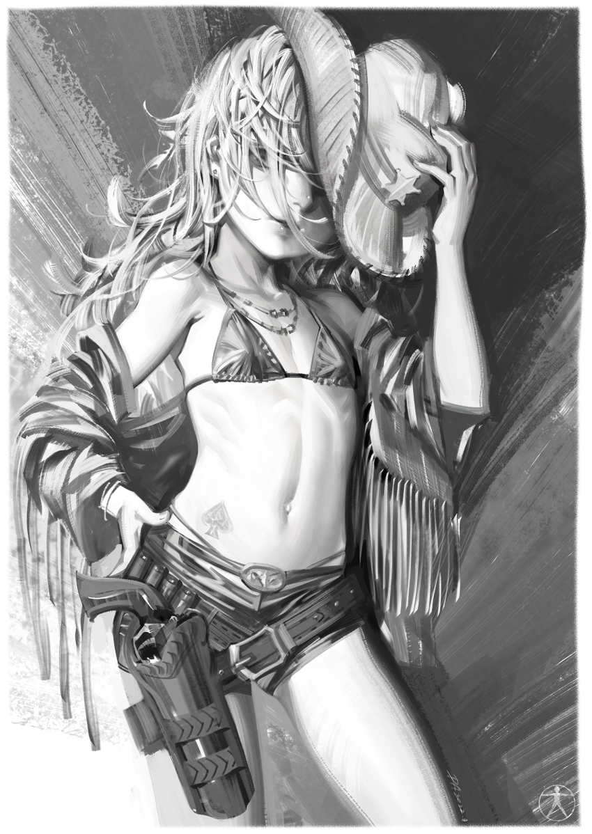 1girl ace_(playing_card) ace_of_spades alphonse_(white_datura) bare_shoulders belt belt_buckle bikini bikini_top_only bikini_under_clothes buckle card covered_erect_nipples cowboy_hat earrings female_focus flat_chest greyscale gun hair_over_eyes handgun hat highres holster jewelry loli long_hair looking_at_viewer midriff monochrome navel necklace off_shoulder original playing_card revolver sheriff_badge short_shorts shorts solo spade_(shape) spade_tattoo swimsuit tattoo weapon
