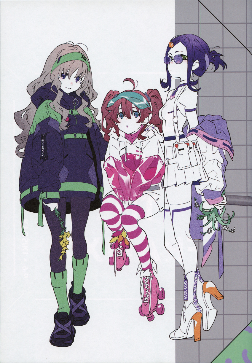 3girls :o absurdres ahoge alternate_costume black_footwear black_socks blonde_hair blue_eyes boots breasts brown_hair closed_mouth collar contemporary darling_in_the_franxx flower from_side full_body glasses green_eyes green_hairband green_legwear hair_between_eyes hair_ornament hairband hand_on_another&#039;s_shoulder high_heel_boots high_heels highres holding holding_flower hood hood_down hooded_jacket ikuno_(darling_in_the_franxx) jacket kneehighs kokoro_(darling_in_the_franxx) long_hair looking_at_viewer looking_over_eyewear looking_over_glasses miku_(darling_in_the_franxx) multicolored_jacket multiple_girls off_shoulder open_mouth pantyhose pink_boots pink_jacket purple-tinted_eyewear purple-tinted_glasses purple_eyes purple_hair purple_jacket roller_skates see-through_clothes see-through_sleeves shoelaces shoes short_sleeves sidelocks simple_background sitting skates skirt smile sneakers socks standing striped_clothes striped_legwear striped_thighhighs sunglasses thighhighs tinted_eyewear twintails two-tone_jacket wavy_hair white_jacket white_skirt yoneyama_mai zettai_ryouiki