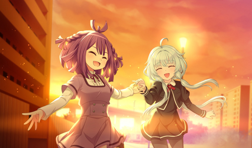 2girls ^_^ ahoge apartment artist_request backlighting black_dress black_jacket black_pantyhose blue_hair blunt_bangs blunt_ends braid breast_pocket bridge bush buttons center_frills closed_eyes collared_dress collared_shirt cowboy_shot daito_academy_school_uniform dot_nose dress eyelashes floating_clothes floating_hair frills game_cg gradient_sky hair_between_eyes hair_intakes hair_tie happy highres holding_hands jacket jewelry lamppost layered_sleeves light_blush light_particles long_sidelocks long_sleeves low_ponytail magia_record:_mahou_shoujo_madoka_magica_gaiden mahou_shoujo_madoka_magica mahou_shoujo_madoka_magica_magia_exedra messy_hair mizuna_girls&#039;_academy_school_uniform multiple_girls neck_ribbon official_art open_clothes open_jacket open_mouth orange_sky outdoors palms pantyhose pleated_dress pocket ponytail purple_dress purple_hair red_ribbon ribbon ring running sarasa_hanna school_uniform sena_mikoto shirt shirt_under_dress short_dress short_over_long_sleeves short_sleeves side_braids sidelocks sky smile sun sunset twin_braids white_shirt