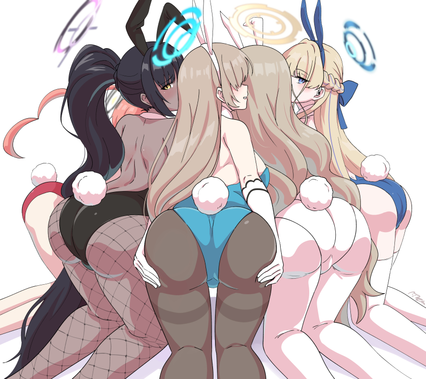 5girls :d absurdly_long_hair absurdres akane_(blue_archive) akane_(bunny)_(blue_archive) all_fours animal_ear_hairband animal_ears ass asuna_(blue_archive) bare_back black_hair black_pantyhose blue_archive braid breasts brown_hair cleaning_&amp;_clearing_(blue_archive) commentary_request dark-skinned_female dark_skin earpiece elbow_gloves fake_animal_ears fake_tail fishnet_pantyhose fishnets french_braid from_behind gloves hair_between_eyes hair_over_one_eye hairband halo hand_on_own_ass highleg highleg_leotard highres karin_(blue_archive) karin_(bunny)_(blue_archive) large_breasts leotard light_brown_hair long_hair looking_at_another looking_at_viewer majinmallow multicolored_hair multiple_girls neru_(blue_archive) neru_(bunny)_(blue_archive) official_alternate_costume official_alternate_hairstyle open_mouth pantyhose playboy_bunny ponytail rabbit_ear_hairband rabbit_ears rabbit_tail red_hair red_leotard shoulder_blades sideboob sidelocks simple_background single_braid smile strapless strapless_leotard streaked_hair tail toki_(blue_archive) toki_(bunny)_(blue_archive) two-tone_hair very_long_hair wavy_hair white_background white_gloves yellow_eyes