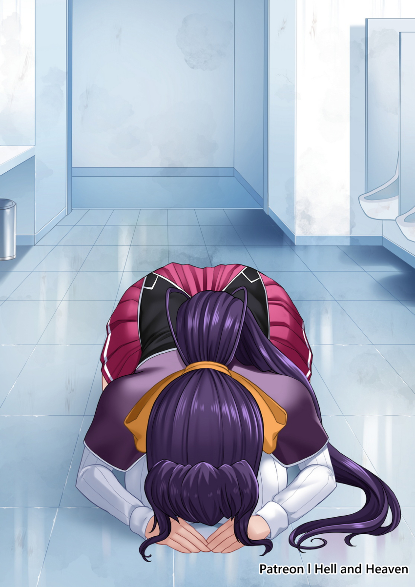 1girl artist_name black_hair breasts commentary covered_erect_nipples dogeza english_commentary female_focus full_body hair_ribbon hellandheaven high_ponytail high_school_dxd highres himejima_akeno huge_breasts indoors kneeling kuoh_academy_school_uniform long_hair patreon_username pleated_skirt ponytail purple_eyes red_skirt ribbon school_uniform shirt skirt solo toilet white_shirt yellow_ribbon