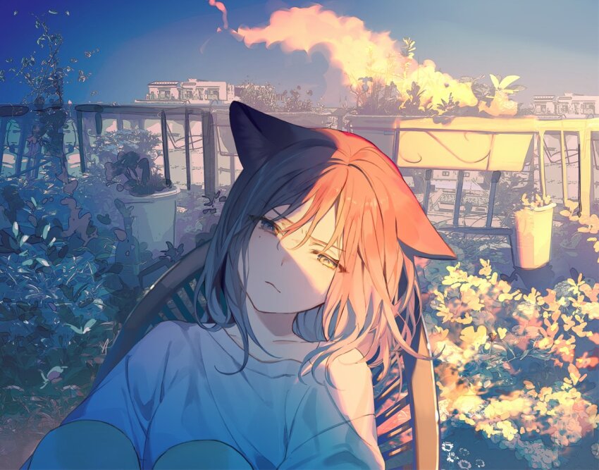 achiki animal_ears blue_sky brown_eyes brown_hair building bush cat_ears chair cloud cloudy_sky contrast hair_between_eyes handrail legs_together long_hair looking_at_viewer mole mole_under_eye original plant potted_plant scowl shadow shirt sidelocks sky sun_glare sunlight t-shirt white_shirt wooden_chair