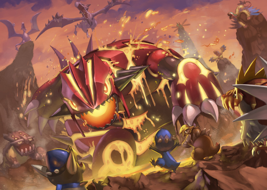 aerodactyl archen archeops bastiodon commentary_request cranidos gen_1_pokemon gen_3_pokemon gen_4_pokemon gen_5_pokemon gen_6_pokemon groudon lava legendary_pokemon mega_aerodactyl mega_pokemon nintendo no_humans open_mouth outdoors pillar pokemon pokemon_(creature) primal_groudon rampardos spareribs tyrantrum tyrunt yanmega