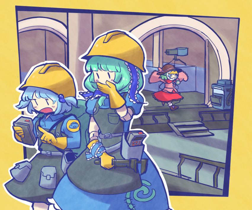 3girls alternate_color apron arm_ribbon black_apron black_hat blue_dress blue_hair commentary cosplay dispenser_(tf2) dress engineer_(tf2) engineer_(tf2)_(cosplay) english_commentary gloves green_hair hair_bobbles hair_ornament hair_ribbon hat holding holding_wrench indoors kagiyama_hina kawashiro_nitori komeiji_koishi long_sleeves multiple_girls outline oysterfried red_shirt red_skirt ribbon sentry shirt short_sleeves skirt spy_(tf2) spy_(tf2)_(cosplay) team_fortress_2 touhou two_side_up white_outline wrench yellow_gloves yellow_hat
