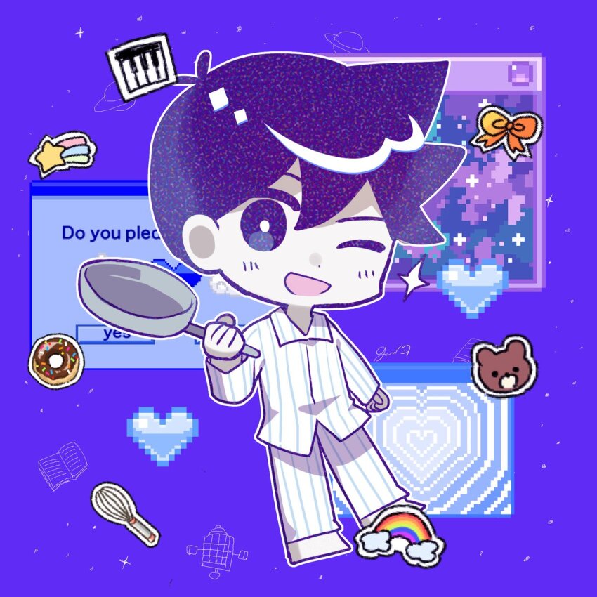 1boy antenna_hair barefoot bright_pupils chibi chibi_only colored_skin frying_pan full_body genk1zam4s hero_(headspace)_(omori) hero_(omori) highres long_sleeves male_focus omori one_eye_closed pajamas pixel_art_inset purple_eyes purple_hair short_hair solo white_pupils white_skin