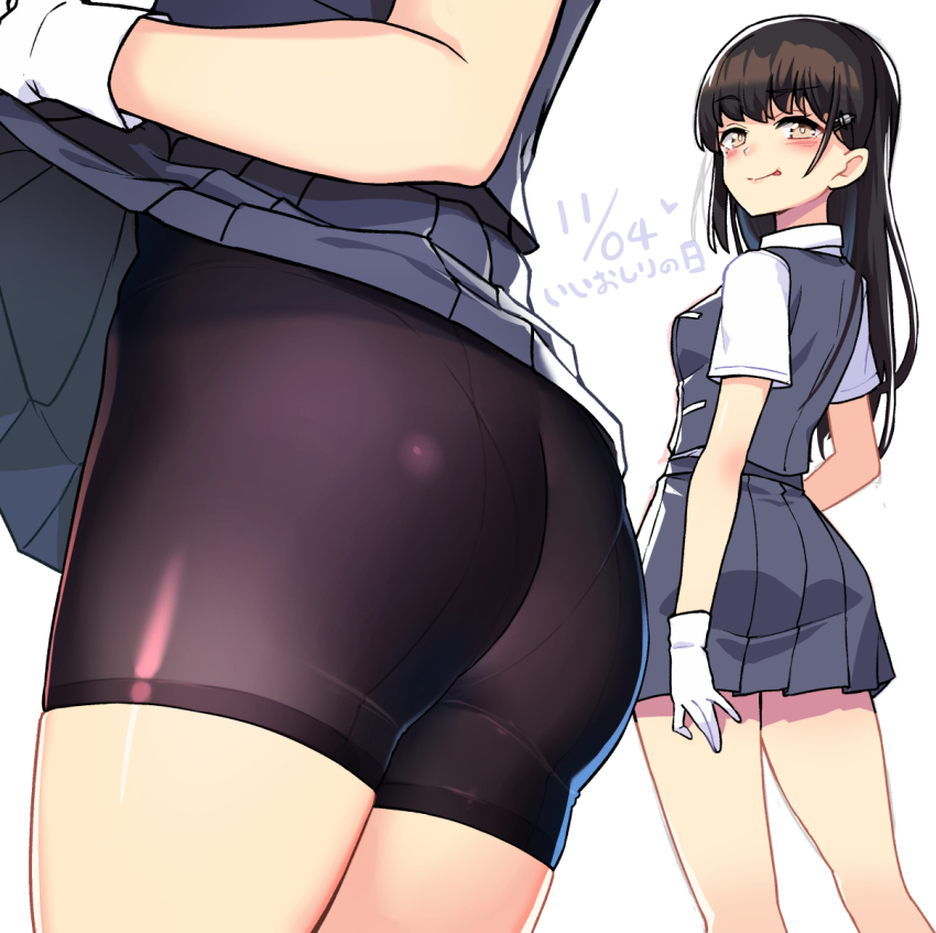 1girl ass bike_shorts bike_shorts_under_skirt black_hair black_shorts brown_eyes clothes_lift collared_shirt dated dress_shirt feet_out_of_frame from_behind good_ass_day grey_skirt grey_vest hayashio_(kancolle) highres kantai_collection lifting_own_clothes long_hair looking_at_viewer mole mole_under_eye multiple_views naughty_face panties_under_bike_shorts pantylines pleated_skirt school_uniform shirt shorts simple_background skirt skirt_lift smile taketora_suzume vest white_background white_shirt zoom_layer