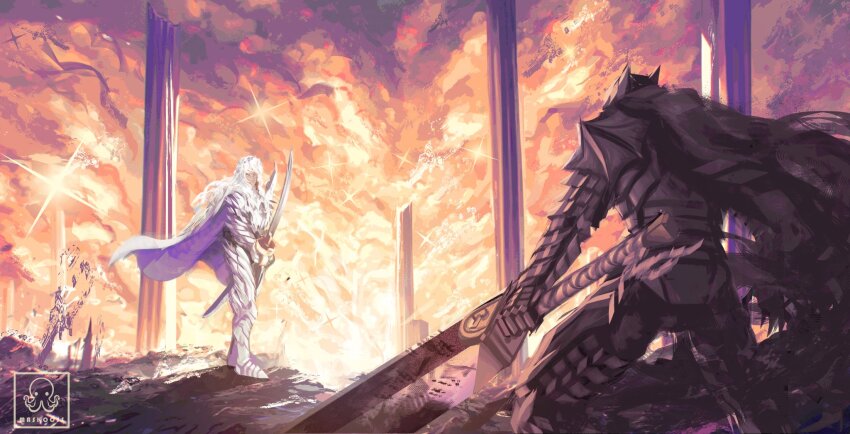 2boys armor battle berserk berserker_armor black_armor cape commentary dragonslayer_(sword) english_commentary fighting_stance greatsword griffith_(berserk) guts_(berserk) helm helmet highres holding holding_sword holding_weapon huge_weapon long_hair maskoo185826 multiple_boys shoulder_armor sword wavy_hair weapon white_cape white_hair