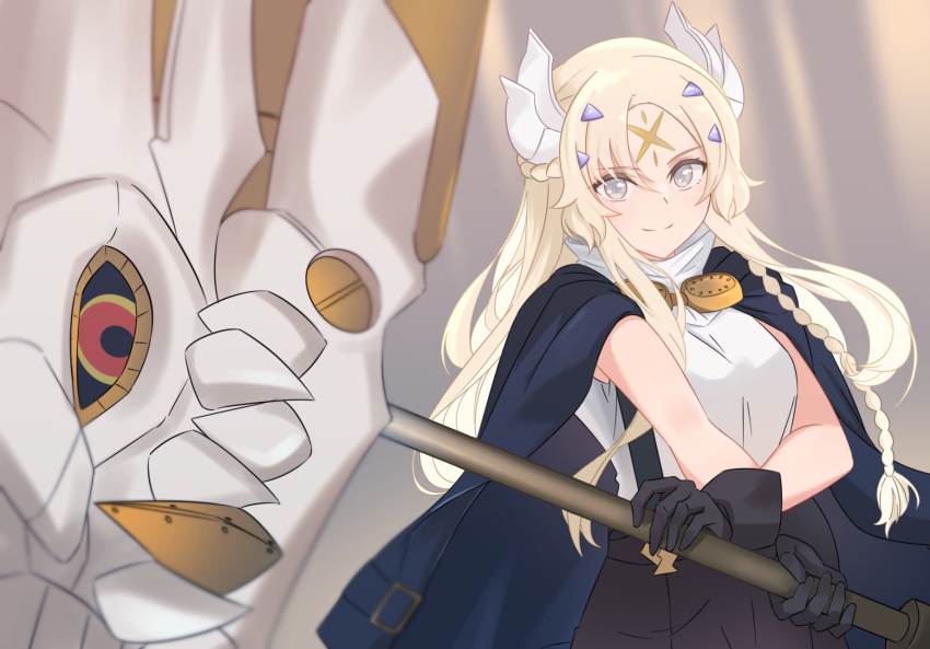 1girl black_cape blonde_hair braid breasts cape duel_monster ecclesia_(yu-gi-oh!) facial_mark forehead_mark gloves goggles grey_eyes hammer heichi highres holding holding_polearm holding_weapon incredible_ecclesia_the_virtuous large_breasts long_hair looking_at_viewer polearm shirt sleeveless solo stigmata weapon white_shirt yu-gi-oh!
