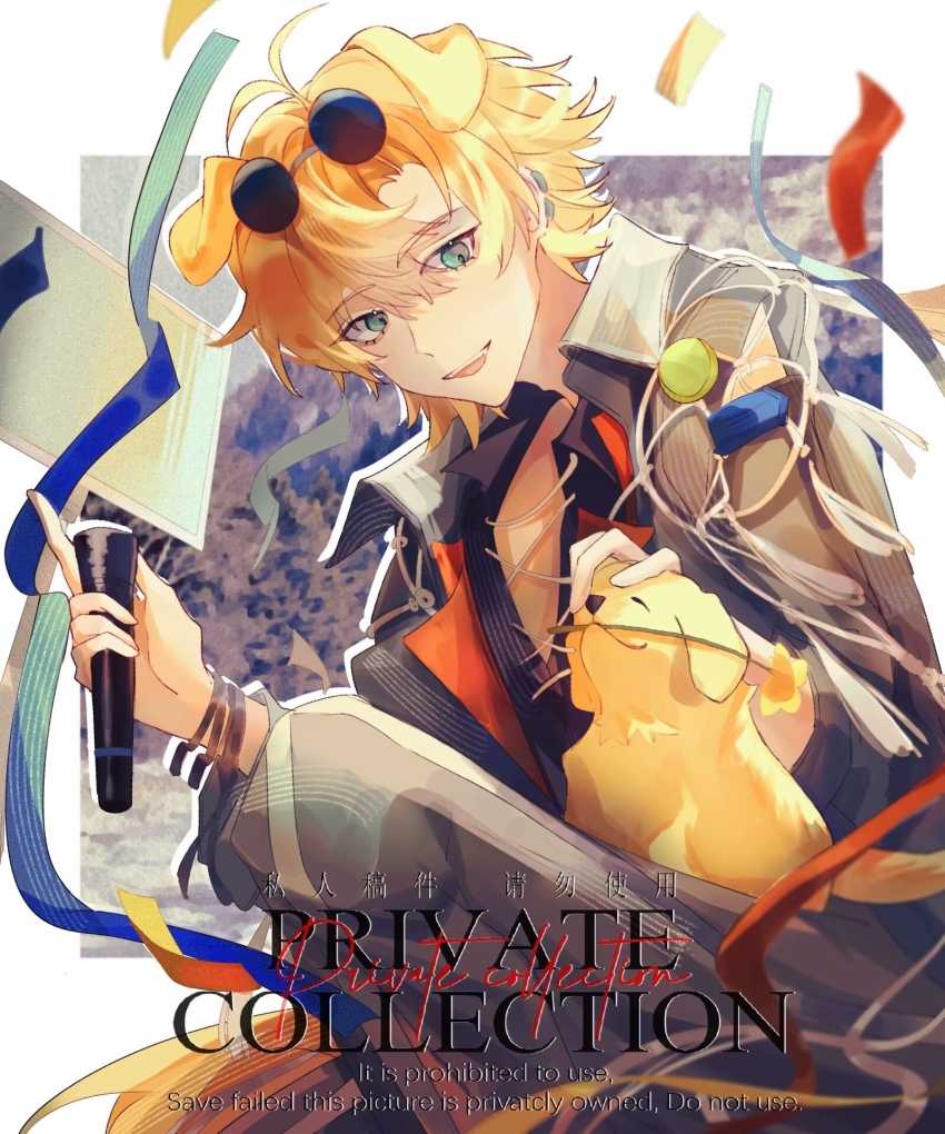 1boy ahoge animal animal_ears arknights bandaged_wrist bandages black_bandages black_shirt blonde_hair blue_eyes blue_shirt chinese_commentary commentary_request confetti dog dog_boy dog_ears dog_nose dog_tail ear_piercing earrings flower grey_pants hair_between_eyes hand_on_animal hand_up highres holding holding_flower holding_microphone jewelry knee_up looking_at_animal male_focus messy_hair microphone open_mouth pants piercing qianheyian screen shirt sitting tail teeth tequila_(arknights) tequila_(top_tier_live)_(arknights) thick_eyebrows tongue watermark white_background white_string