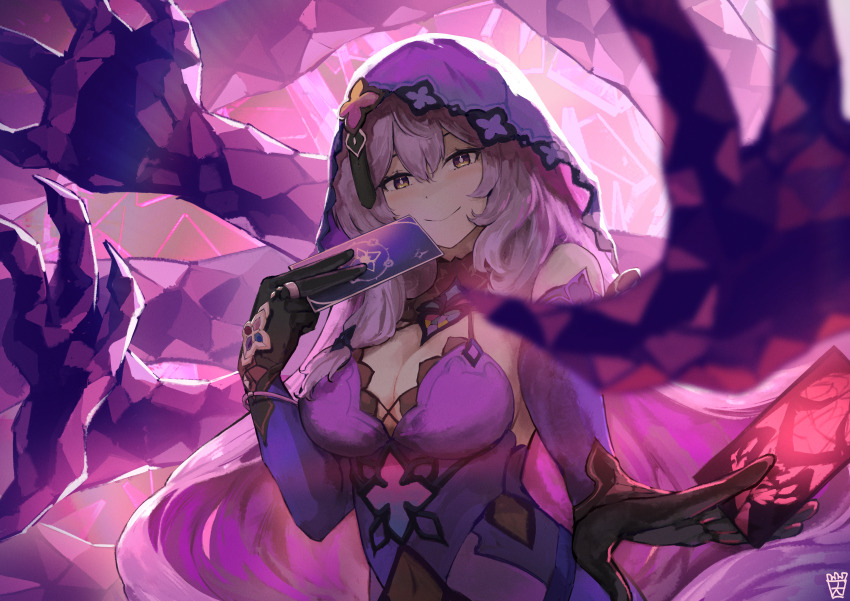 1girl absurdres artist_logo bare_shoulders black_swan_(honkai:_star_rail) breasts brown_eyes card cleavage covered_navel dress elbow_gloves gloves highres holding holding_card honkai:_star_rail honkai_(series) large_breasts logo long_hair ootato purple_hair sleeveless sleeveless_dress smile solo veil very_long_hair