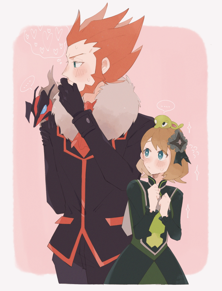 1boy 1girl aqua_eyes ascot beard black_gloves black_jacket blonde_hair blush closed_mouth commentary_request facial_hair flying_sweatdrops gen_6_pokemon gloves hands_up highres hime_(himetya105) jacket legendary_pokemon long_sleeves lysandre_(pokemon) nintendo on_head orange_ascot orange_hair pants pink_background pokemon pokemon_(creature) pokemon_masters_ex pokemon_on_head pokemon_xy serena_(pokemon) serena_(sygna_suit)_(pokemon) short_hair sparkle sweat sweatdrop yveltal zygarde zygarde_core