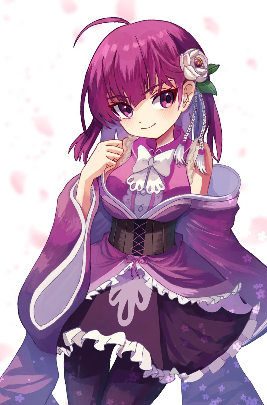1girl ahoge black_corset corset flower hair_flower hair_ornament highres japanese_clothes kimono long_hair magical_girl mahou_shoujo_madoka_magica mahou_shoujo_madoka_magica_magia_exedra miniskirt plusplushm purple_eyes purple_hair purple_kimono skirt tokiwa_nanaka white_flower wide_sleeves