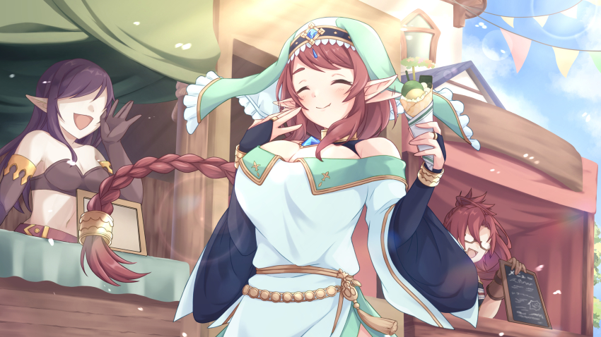 3girls altheavin black_gloves blue_dress braid braided_ponytail breasts bridal_gauntlets cleavage closed_eyes closed_mouth crepe day dress eating elf faceless faceless_female fingerless_gloves floating_hair food glasses gloves highres labyrista_(princess_connect!) large_breasts long_hair misato_(princess_connect!) multiple_girls no_eyes outdoors pointy_ears princess_connect! red_hair shopping_district smile solo_focus veil