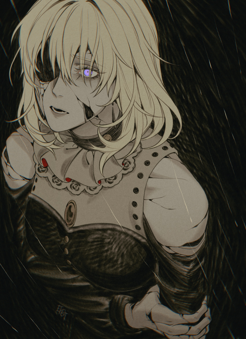 1girl 7nite absurdres bang_dream! bang_dream!_it&#039;s_mygo!!!!! blonde_hair chinese_commentary commentary_request cracked_skin doloris_(bang_dream!) highres holding_own_arm lower_teeth_only medium_hair misumi_uika open_mouth purple_eyes rain solo teeth