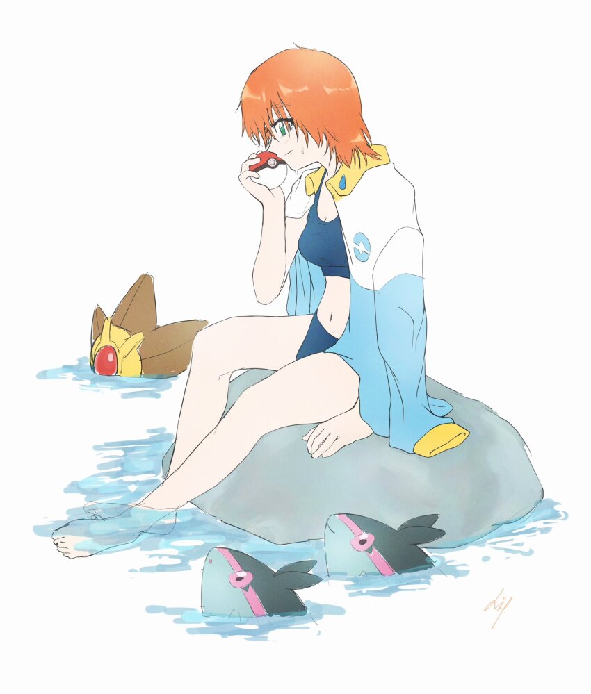 1girl asymmetrical_hair bare_legs barefoot bikini breasts feet finneon gen_1_pokemon gen_4_pokemon green_eyes gym_leader highres holding holding_poke_ball jacket jacket_on_shoulders legs looking_at_viewer misty_(pokemon) navel nintendo orange_hair partially_submerged poke_ball poke_ball_(basic) pokemon pokemon_frlg ponytail shirt short_hair shorts side_ponytail sitting smile soaking_feet solo staryu swimsuit thighs water