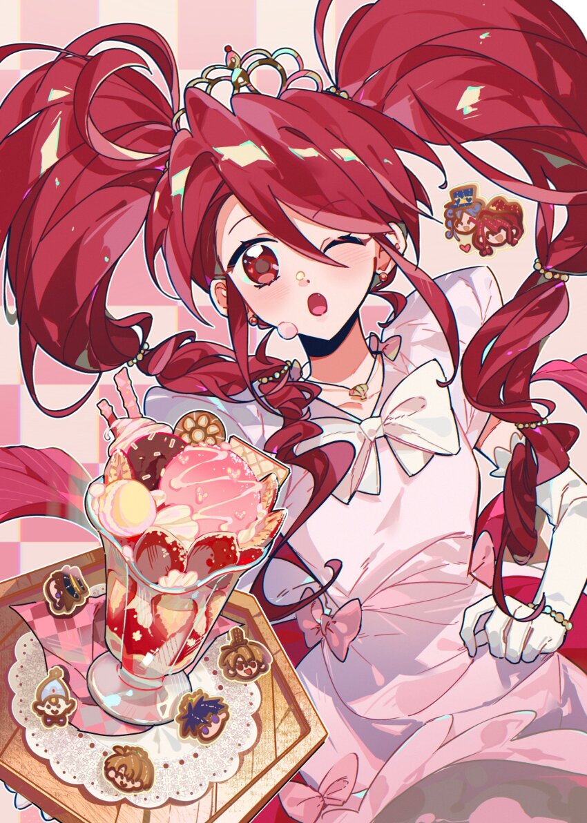 1girl absurdres dress food gloves highres humi_humi jewelry solo twintails