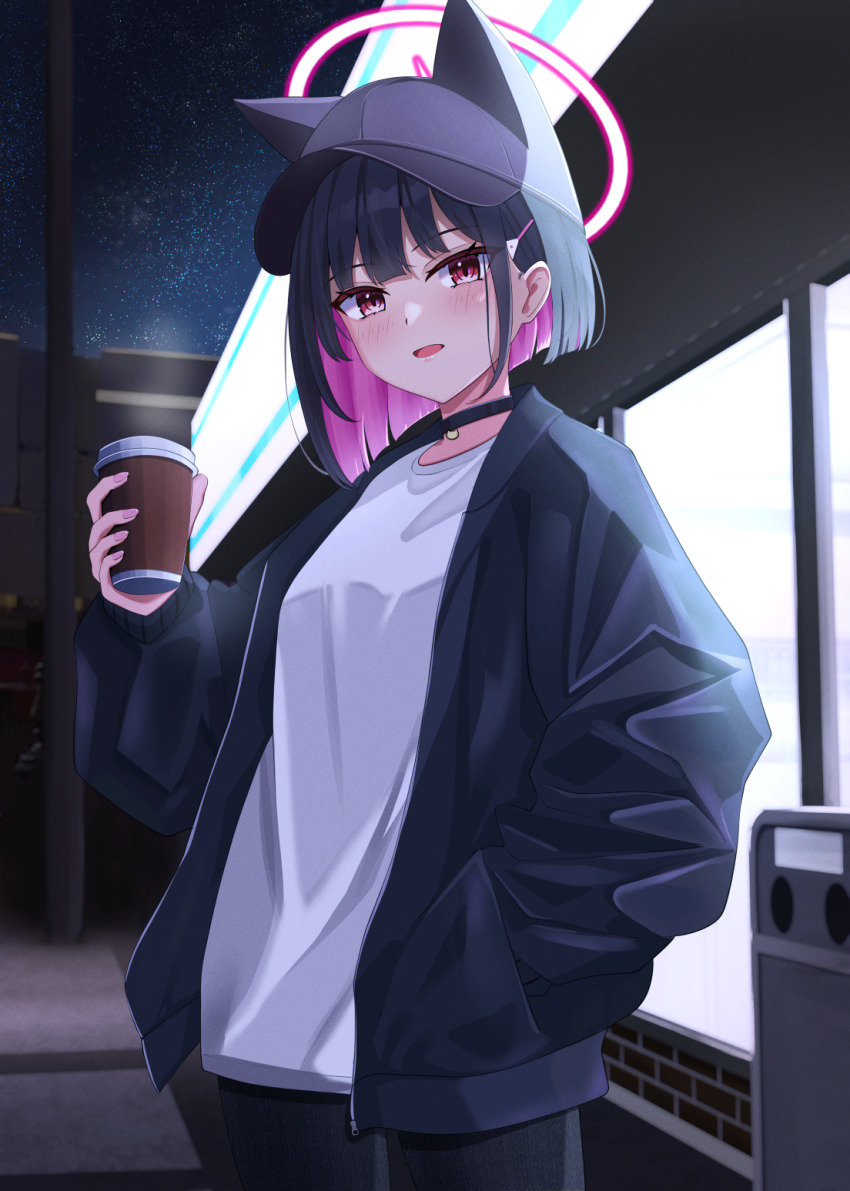 1girl alternate_costume animal_ear_headwear animal_ears baseball_cap black_choker black_hair black_hat black_jacket black_pants blue_archive blush cat_ears choker colored_inner_hair commentary_request convenience_store cowboy_shot cup disposable_coffee_cup disposable_cup extra_ears fake_animal_ears hair_ornament hairclip halo hand_in_pocket hand_up hat hibika highres holding holding_cup jacket kazusa_(blue_archive) long_sleeves looking_at_viewer multicolored_hair night night_sky open_clothes open_jacket open_mouth outdoors pants pink_hair pink_halo puffy_long_sleeves puffy_sleeves red_eyes shirt shop short_hair sky solo star_(sky) starry_sky white_shirt