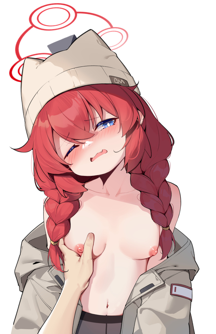 1boy 1girl absurdres animal_ear_headwear animal_ears beanie blue_archive blue_eyes blush braid breasts clothes_pull collarbone fake_animal_ears grabbing_another&#039;s_breast grey_hat grey_jacket groping hair_between_eyes hat highres jacket jacket_pull loli maki_(blue_archive) maki_(camp)_(blue_archive) naked_jacket navel nipples no_bra one_eye_closed open_clothes open_jacket painterliuhao red_hair simple_background small_breasts twin_braids upper_body wavy_mouth white_background