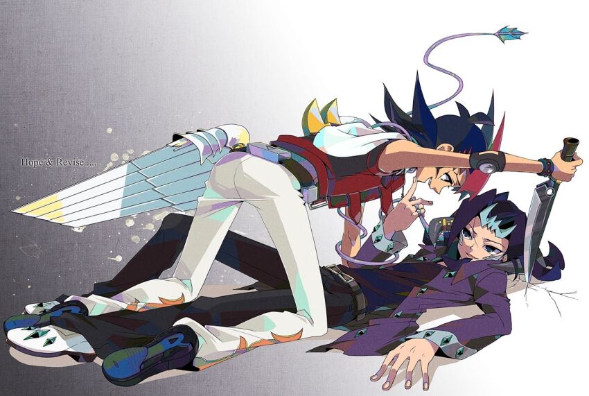 2boys artist_request attack bad_id bad_pixiv_id belt belt_pouch black_footwear black_hair black_horns black_shirt black_wrist_cuffs blue_eyes brown_belt brown_eyes cable colored_bangs crack cracked_floor duel_disk colored_bangs elbow_pads english_text facing_to_the_side fusion gem gradient_background green_gemstone hand_on_another&#039;s_chin hands_on_ground holding holding_knife hood hooded_vest hoodie horns jacket jewelry kamishiro_ryouga knee_up kneeling knife looking_at_another looking_down looking_up lying male_focus mechanical_horns mechanical_wings_exposed multiple_boys multiple_rings number_32_shark_drake number_39_utopia on_back on_ground open_clothes open_jacket open_vest outstretched_arms paint_splatter pants parted_bangs pointing pointing_forward pouch purple_hair purple_jacket red_vest ring shirt single_elbow_pad single_mechanical_wing smile spiked_hair stab tsukumo_yuma vest white_background white_footwear white_hood white_paint white_pants wire wrist_cuffs yu-gi-oh! yu-gi-oh!_zexal