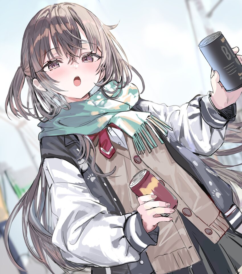 1girl absurdres aqua_scarf black_hair blurry blurry_background can hair_between_eyes highres holding holding_can jacket long_hair long_sleeves looking_at_viewer momoko_(momopoco) open_clothes open_jacket open_mouth outdoors scarf solo suou_yuki tokidoki_bosotto_roshia-go_de_dereru_tonari_no_alya-san winter_clothes