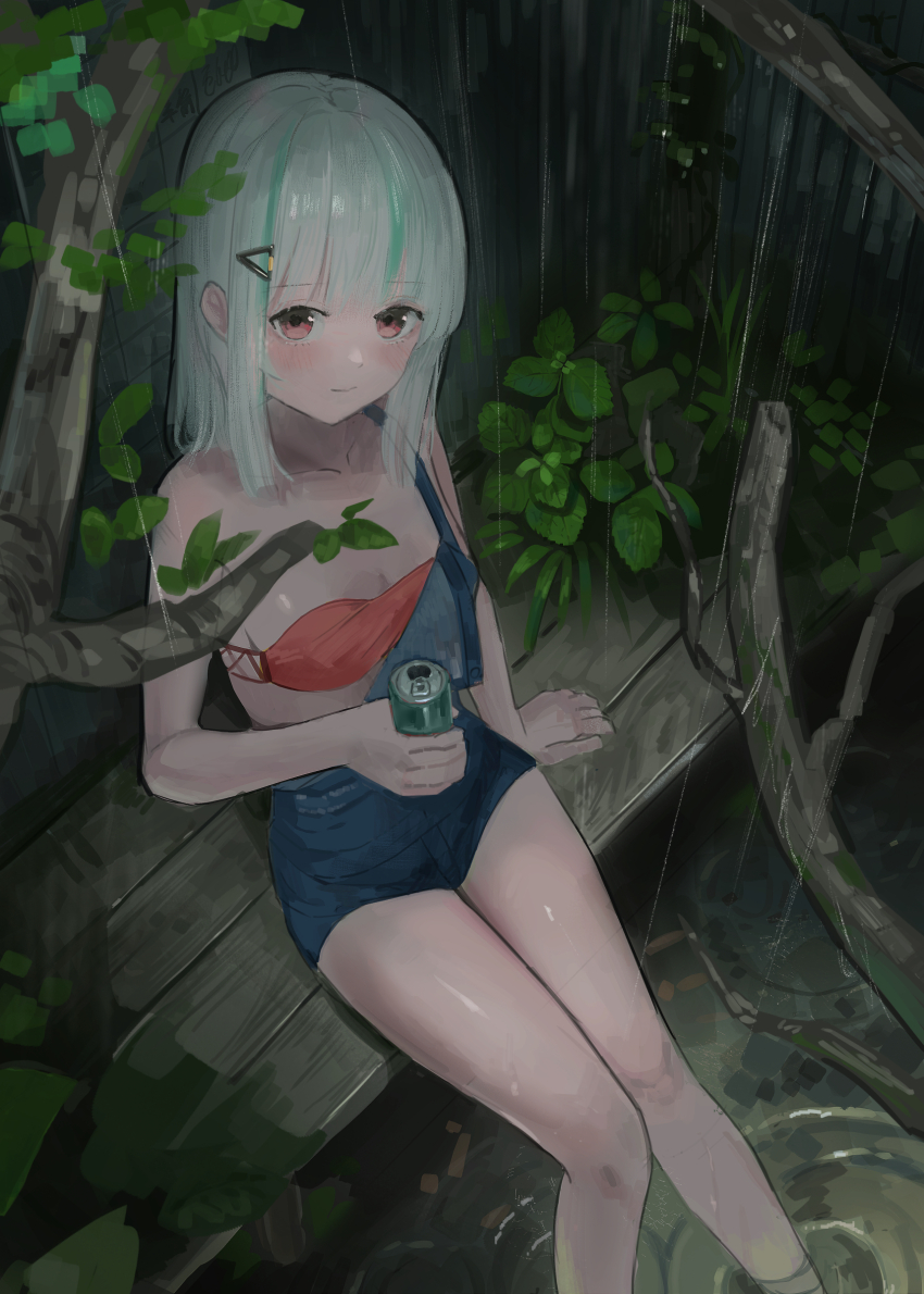 1girl absurdres admi_(nikke) arm_support bandeau bikini bikini_under_clothes blue_overalls blunt_bangs blush branch breasts can cleavage closed_mouth collarbone from_above goddess_of_victory:_nikke green_hair grey_hair hair_ornament highres holding holding_can knees_together_feet_apart looking_at_viewer medium_hair multicolored_hair off_shoulder outdoors overall_shorts overalls peparonipi20 pink_eyes rain ripples sitting small_breasts soaking_feet solo streaked_hair swimsuit tree water wooden_floor