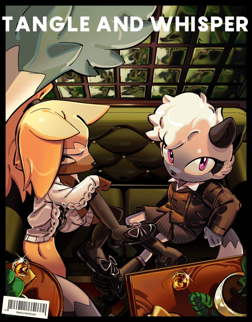 2girls alternate_costume animal animal_ears animal_nose artist_name bar_(place) barcode beehunterkisser black_border black_footwear black_jacket black_skirt blonde_hair body_fur boots border breasts brown_fur brown_jacket buttons casual cleavage commentary couch cross-laced_footwear cup dress drinking_glass english_text eyelashes food from_above furry furry_female glint highres indoors jacket lemur_ears lemur_girl lemur_tail long_hair long_sleeves long_tail looking_up multiple_girls open_clothes open_jacket pinstripe_pattern plant ponytail purple_eyes shirt shoes shorts shot_glass sitting skirt socks sonic_(series) sonic_the_hedgehog_(idw) sparkle table tail tangle_the_lemur whisper_the_wolf white_fur white_hair window wolf_ears wolf_girl