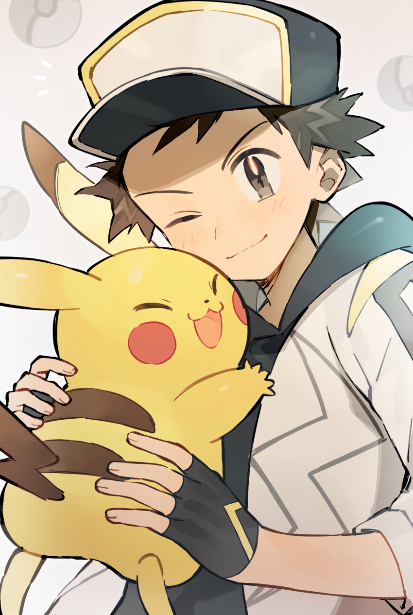 1boy ;) affectionate black_gloves black_headwear blush brown_eyes closed_mouth commentary fingerless_gloves gen_1_pokemon gloves happy hat highres jacket male_focus nintendo official_alternate_costume one_eye_closed pikachu pokemon pokemon_(creature) pokemon_masters_ex rata_(m40929) red_(pokemon) red_(sygna_suit)_(thunderbolt)_(pokemon) short_hair smile spiked_hair upper_body white_jacket
