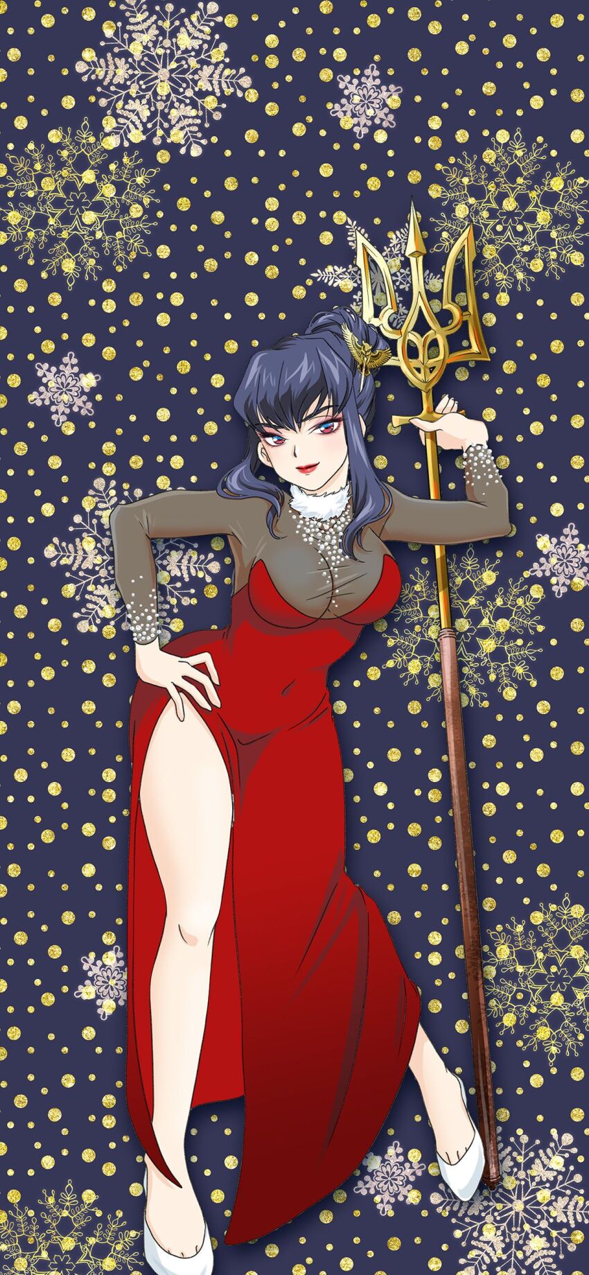 absurdres anonymous_(japanese) breasts cleavage clothing_request covered_navel dress eva_(kavunyak) fur-trimmed_collar fur_trim high_heels highres holding holding_polearm holding_weapon japanon large_breasts leaning_forward lipstick looking_at_viewer makeup non-web_source original polearm purple_hair red_dress red_eyes red_lips russo-ukrainian_war shiny_lips shoes sidelocks smile snowflakes tryzub weapon white_shoes