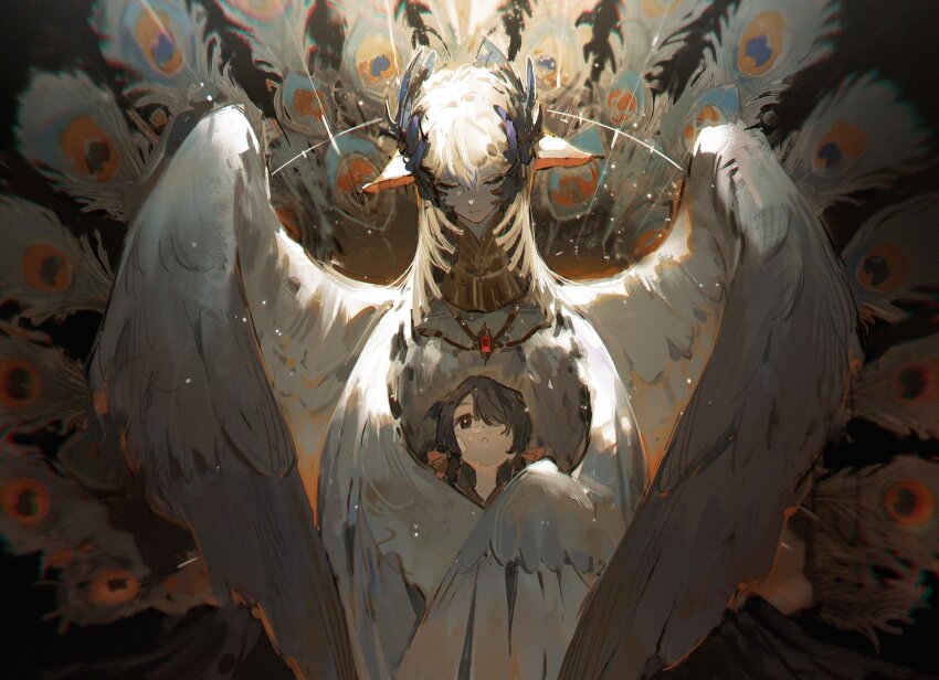 1girl 1other androgynous bird_girl black_hair closed_eyes dino_(dinoartforame) elf_(cloud_nine_inc) feathered_wings hair_ribbon height_difference highres looking_at_another looking_up mari_(elf) monster_girl peacock_feathers pointy_ears ribbon tagme white_hair winged_arms wings