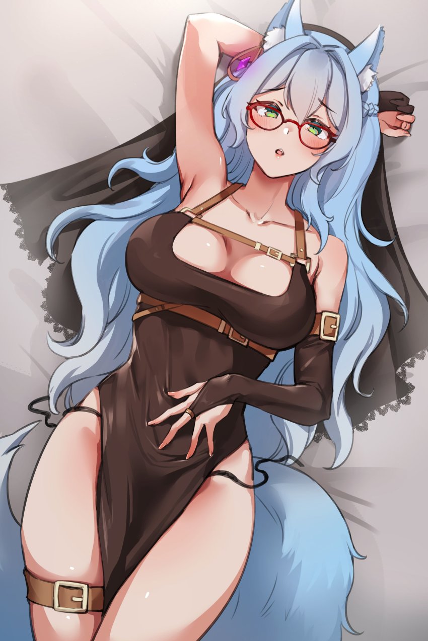 1girl absurdres animal_ear_fluff animal_ears armpits arms_up bad_id bad_twitter_id bare_shoulders bed_sheet black_dress black_panties blue_hair breasts bridal_gauntlets cleavage collarbone dress earrings fang fox_ears fox_girl fox_tail foxyreine glasses gloves green_eyes highres jewelry large_breasts long_hair looking_at_viewer lying on_back open_mouth original panties partially_fingerless_gloves pelvic_curtain red-framed_eyewear side-tie_panties side-tie_peek single_bridal_gauntlet sister_reine_(foxyreine) sleeveless sleeveless_dress solo string_panties tail thigh_strap thighs underwear untied_panties veil very_long_hair wavy_hair