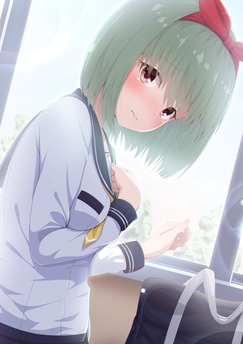 1girl absurdres backlighting bag battle_girl_high_school chromatic_aberration closed_mouth embarrassed green_hair grey_shirt hairband highres ikatako0312 indoors long_sleeves looking_at_viewer neckerchief red_eyes red_hairband sadone school_bag school_uniform serafuku shirt short_hair solo window yellow_neckerchief