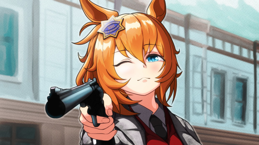 1girl alternate_costume animal_ears blue_eyes commentary cosplay ctn_sasuke dirty_harry gun hair_between_eyes handgun harry_callahan harry_callahan_(cosplay) holding holding_gun holding_weapon horse_ears horse_girl long_hair necktie one_eye_closed orange_hair parody revolver scene_reference solo taiki_shuttle_(umamusume) umamusume weapon