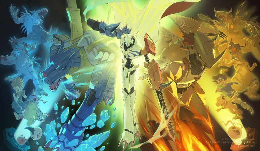 absurdres agumon arm_blade arm_cannon armor asymmetrical_dual_wielding black_background blue_armor botamon bum_hico cape chest_cannon colored_skin cyborg digimon digimon_(creature) digimon_adventure digivice dinosaur dragon dual_wielding evolutionary_line fire gabumon garurumon glowing green_eyes greymon group_picture highres holding ice ishida_yamato koromon making-of_available mecha mechanical_wings metalgarurumon metalgreymon omegamon open_mouth orange_skin punimon red_cape red_eyes robot sharp_teeth shield shoulder_armor shoulder_spikes simple_background spikes teeth torn_wings tunomon wargreymon weapon weregarurumon werewolf white_armor white_cape wings wolf yagami_taichi yellow_armor yellow_eyes