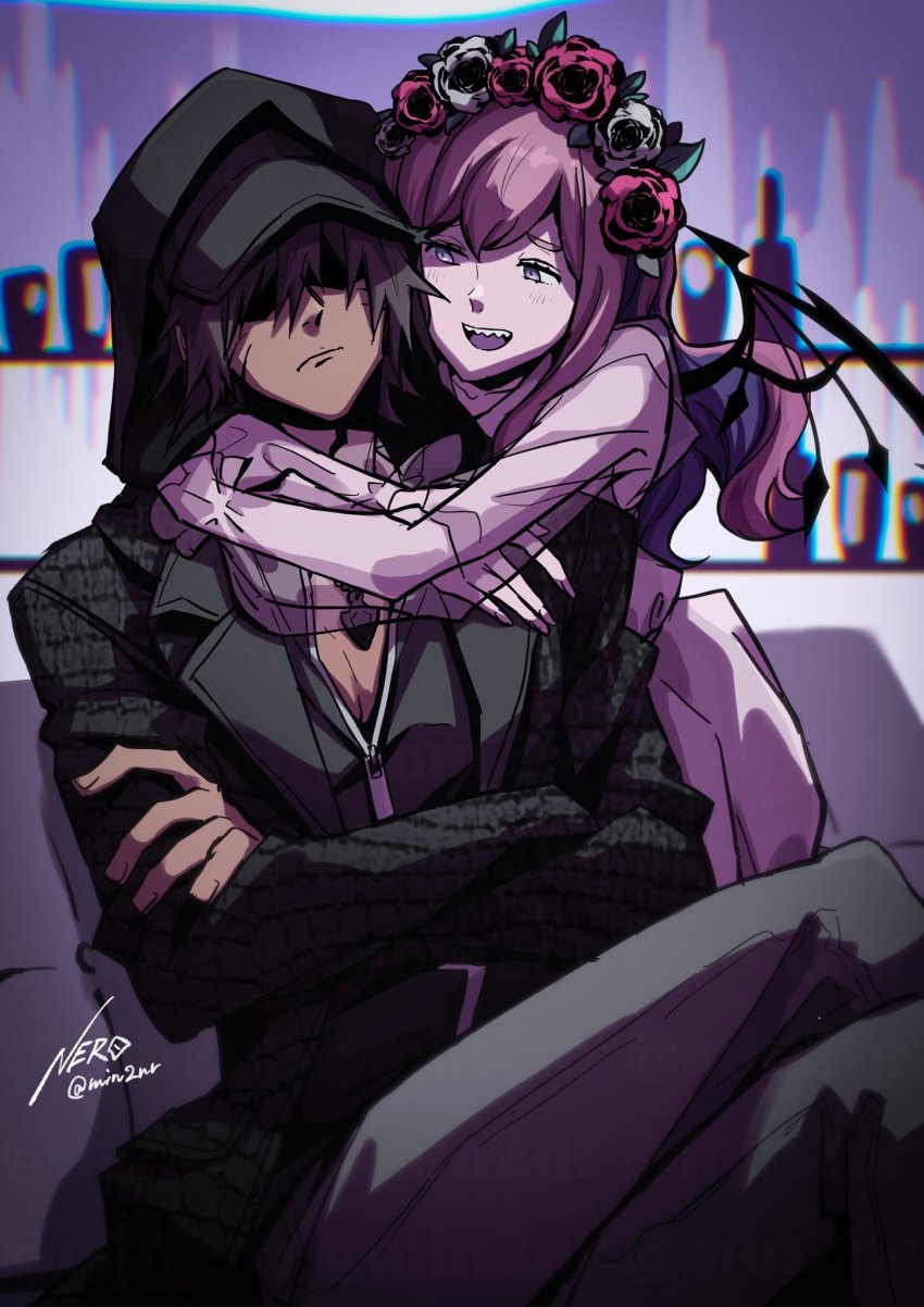 1boy 1girl atarashi_coco bar_(place) baseball_cap black_coat black_hoodie black_wings closed_mouth coat couch crossed_arms dark-skinned_male dark_skin dress eme_(204) eyebrows eyelashes facial_mark facial_mark flower_wreath grey_hair hair_over_eyes hat highres hood hoodie hug long_coat long_dress long_hair minamimoto_sho pink_dress pink_hair see-through_clothes see-through_sleeves sharp_teeth shin_subarashiki_kono_sekai spiked_hair spiked_wings subarashiki_kono_sekai teeth whisker_markings wings zipper zipper_pull_tab
