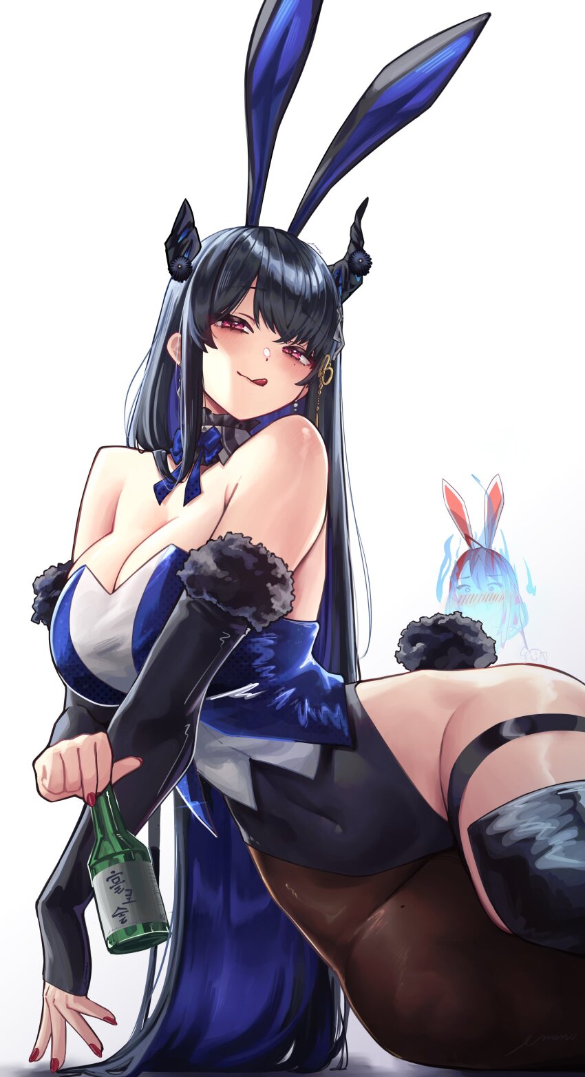 2girls absurdres ahoge alcohol animal_ears asymmetrical_horns black_hair black_leotard blue_fire blue_hair breasts colored_inner_hair covered_navel demon_horns detached_collar elizabeth_rose_bloodflame fake_animal_ears fire highleg highleg_leotard highres hololive hololive_english horns huge_ahoge large_breasts leotard long_hair looking_at_viewer mole mole_under_eye multicolored_hair multiple_girls nerissa_ravencroft playboy_bunny rabbit_ears rabbit_girl rabbit_tail red_eyes red_hair red_nails simple_background smile strapless strapless_leotard tail thick_thighs thighs two-tone_hair umamii uneven_horns very_long_hair virtual_youtuber white_background