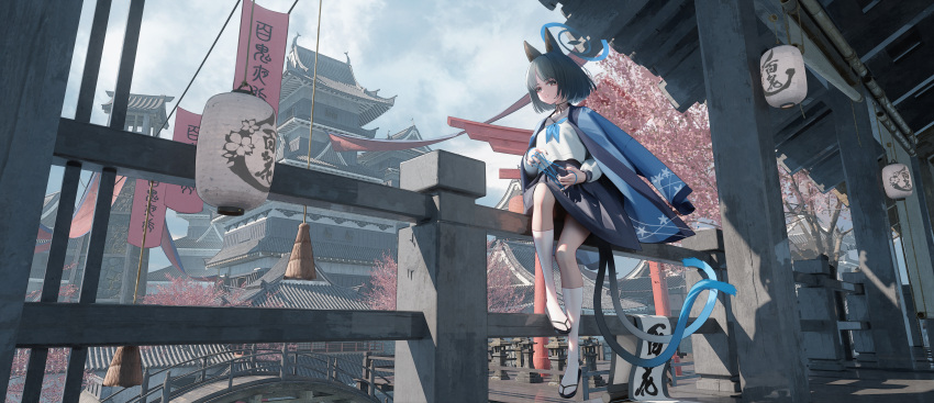 1girl absurdres animal_ears architecture black_choker black_eyes black_hair black_nails blue_archive blue_kimono blue_neckerchief blue_sailor_collar blue_skirt bright_pupils cat&#039;s_cradle cat_ears cat_tail cherry_blossoms choker commentary_request east_asian_architecture feet full_body highres japanese_clothes kikyou_(blue_archive) kimono kimono_on_shoulders lantern legs mr_ito nail_polish neckerchief on_railing paper_lantern parted_lips pleated_skirt railing ribbon_choker sailor_collar sandals scenery school_uniform serafuku shirt short_hair sitting skirt socks solo forked_tail tabi tail white_pupils white_shirt white_socks zouri
