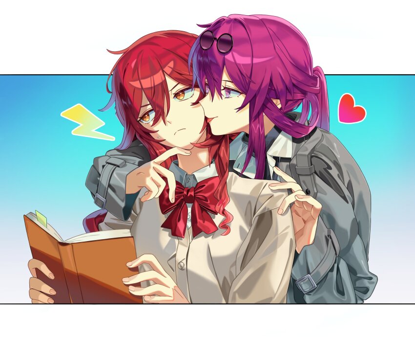 2girls alternate_costume angry annoyed book bow bowtie closed_mouth collared_shirt couple gradient_background grey_jacket hair_between_eyes hair_intakes head_tilt heart highres himeko_(honkai:_star_rail) holding holding_book honkai:_star_rail honkai_(series) jacket kafka_(honkai:_star_rail) long_hair long_sleeves looking_at_another looking_to_the_side maka_(maka04021) multiple_girls neck open_book purple_eyes purple_hair red_bow red_bowtie red_hair school_uniform shirt simple_background smile tongue tongue_out upper_body white_shirt yuri