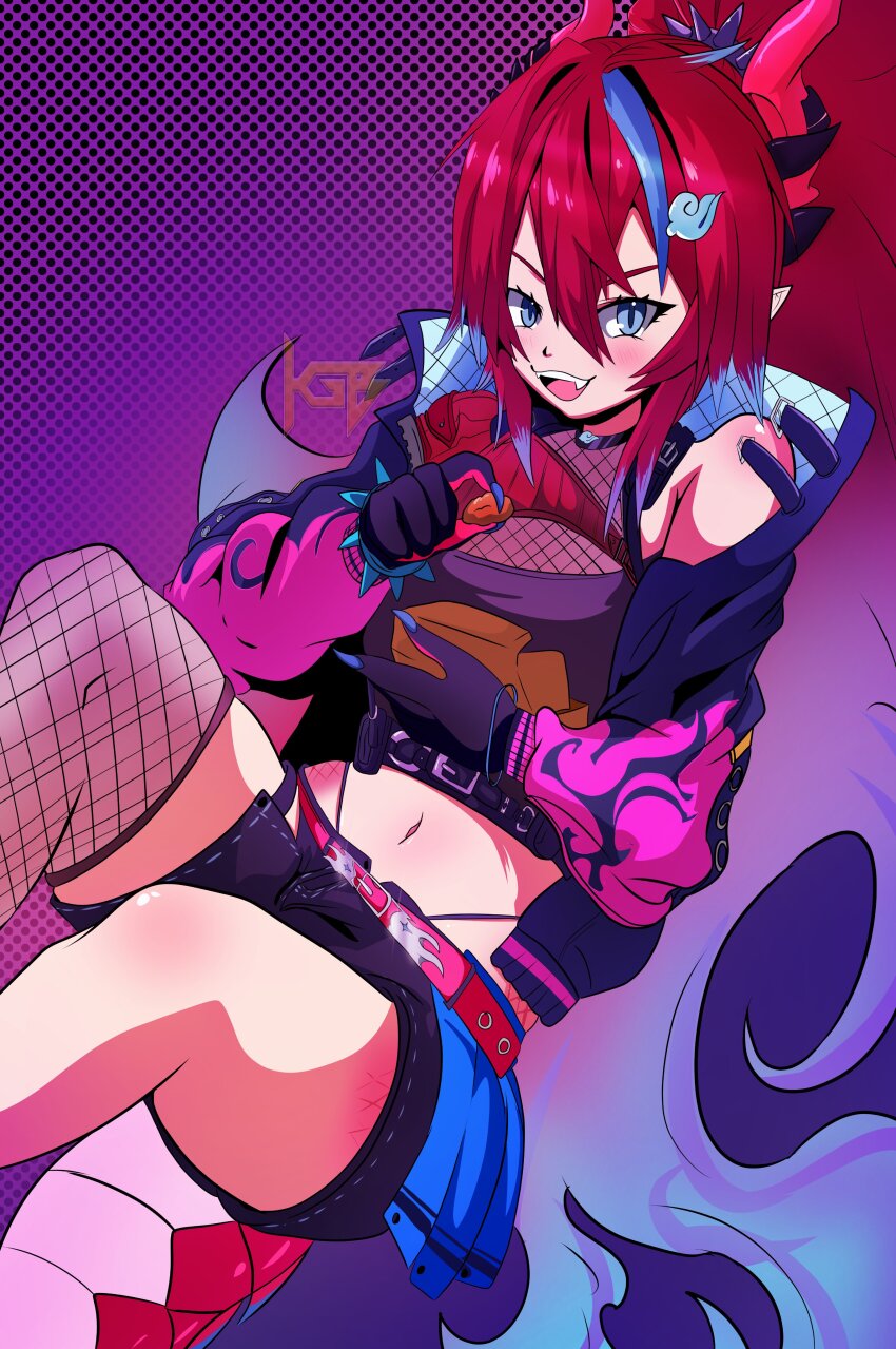 1girl absurdres belt black_belt black_jacket black_shirt black_shorts blue_cape blue_hair blush bracelet breasts cape cropped_jacket dragon_girl dragon_horns dragon_tail fishnet_thighhighs fishnet_top fishnets grey_eyes hair_ornament hairband hairpin highres horns chromashift jacket jewelry kai_saikota krisgbeanie long_hair looking_at_viewer medium_breasts midriff multicolored_hair navel open_mouth pointy_ears red_belt red_hair shirt short_shorts shorts sidelocks single_thighhigh smile spiked_bracelet spiked_hairband spikes streaked_hair tail thighhighs virtual_youtuber waist_cape