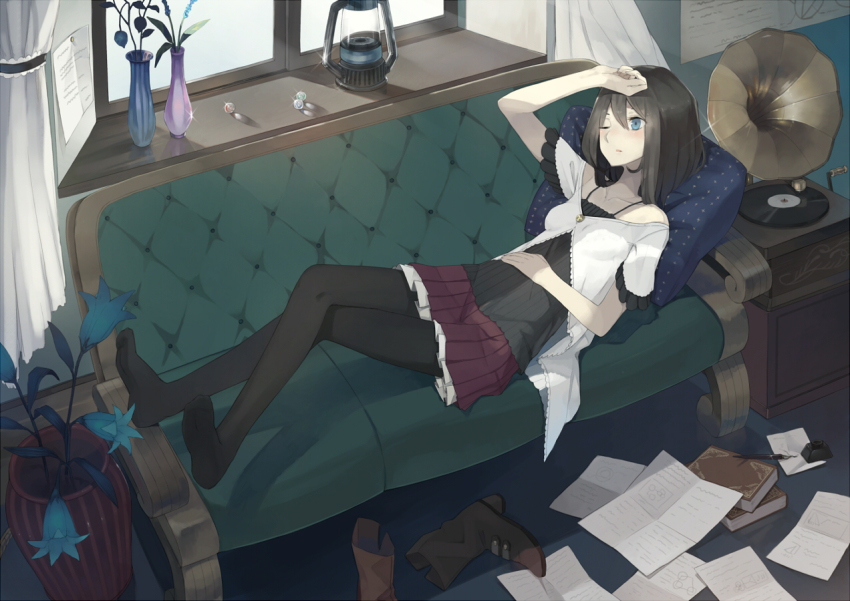 1girl black_hair black_pantyhose blue_eyes boots breasts casual couch crossed_legs female_focus green_upholstery haya_kewi hayashi_kewi ink inkwell lantern lying on_back one_eye_closed original pantyhose pen pillow pleated_skirt shoes short_hair skirt slice_of_life small_breasts solo unworn_boots unworn_shoes