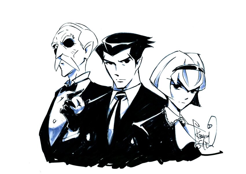 1girl 2boys bow bowtie closed_mouth collared_shirt dress eyepatch facial_hair formal_clothes hairband highres keiichi_sato looking_at_viewer monochrome multiple_boys mustache necktie norman_burg old old_man r_dorothy_wayneright roger_smith shirt short_hair signature suit the_big_o upper_body white_background