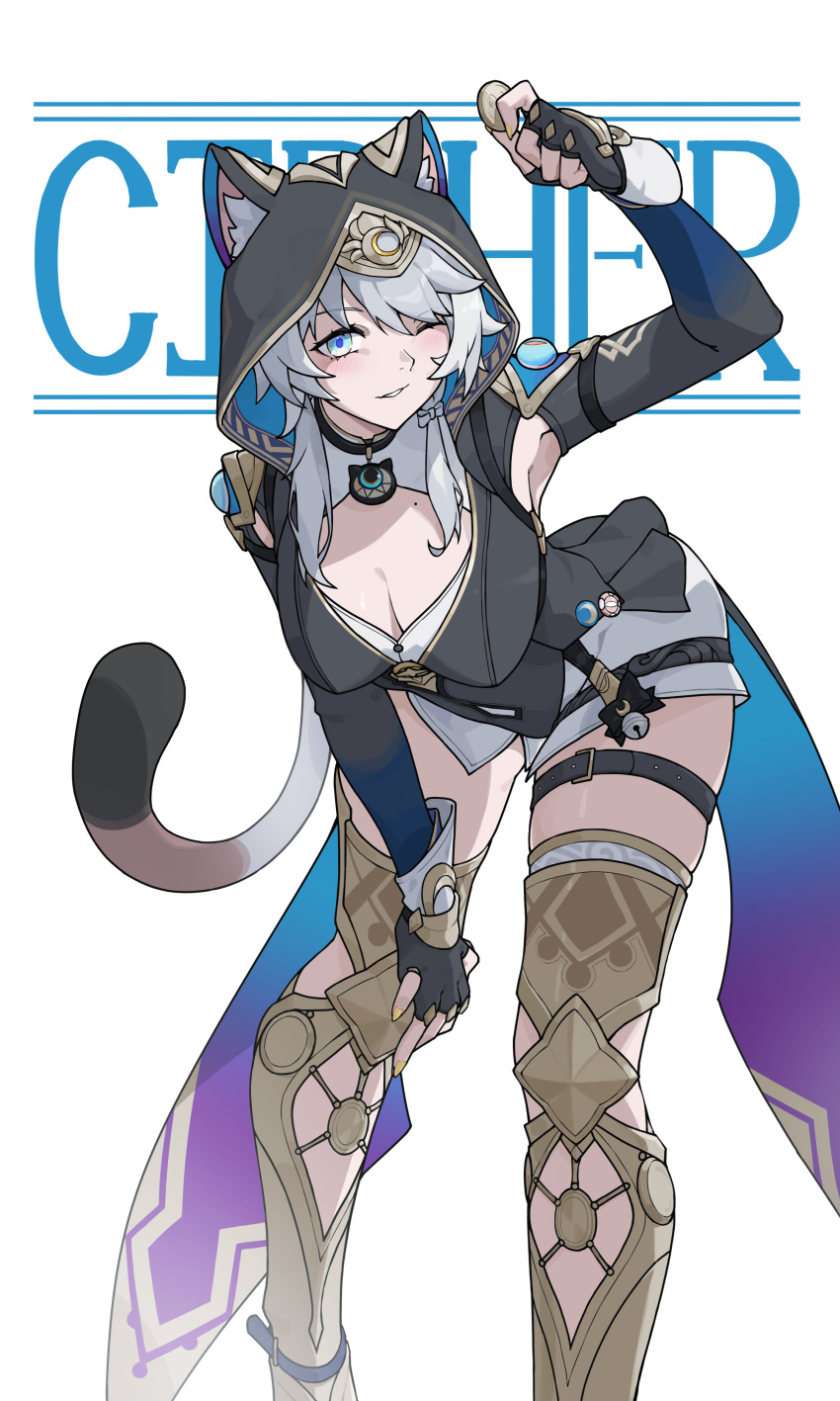 1girl absurdres animal_ear_fluff animal_ears animal_hood belt black_gloves black_leotard blue_eyes boots breasts cat_ears cat_girl cat_hood cat_tail character_name cipher_(honkai:_star_rail) cleavage coin commentary fingerless_gloves gloves gold_boots gold_coin grey_hair highres holding holding_coin honey_boba honkai:_star_rail honkai_(series) hood large_breasts leotard mole mole_on_breast one_eye_closed parted_lips short_hair_with_long_locks simple_background solo tail thigh_belt thigh_strap thighs white_background