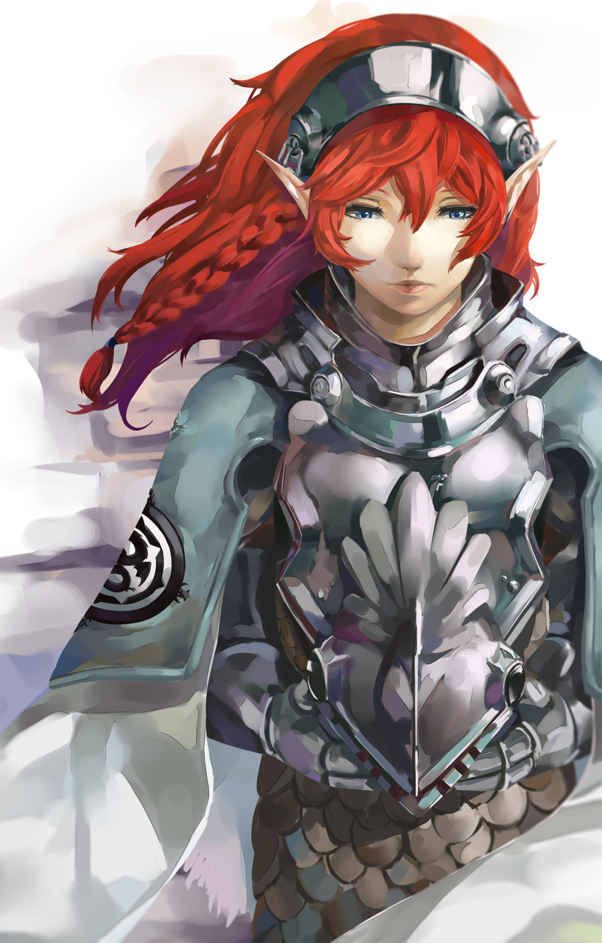 1girl armor blazpu blue_eyes braid breastplate character_request full_armor unworn_headwear helmet unworn_helmet highres holding holding_helmet long_hair metaphor:_refantazio pauldrons plate_armor pointy_ears red_hair shoulder_armor soejima_shigenori_(style) solo white_background