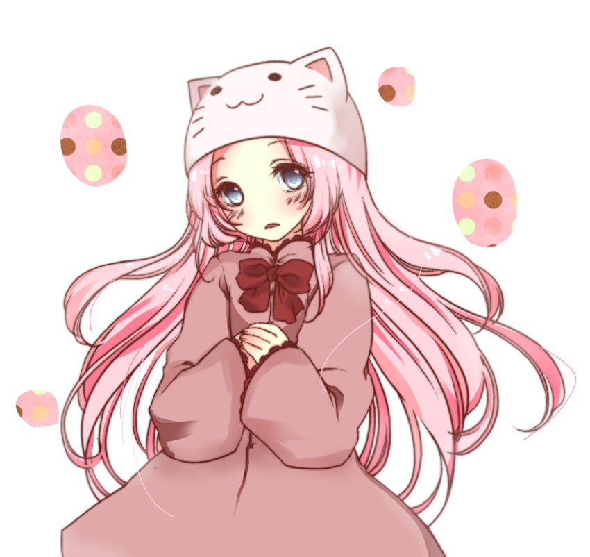 0724442054 1girl animal_hat bad_id bad_pixiv_id blue_eyes blush bow cat_hat dress female_focus hat highres long_hair megurine_luka megurine_luka_(toeto) own_hands_together pink_hair saki_hiyori solo toeto_(vocaloid) vocaloid