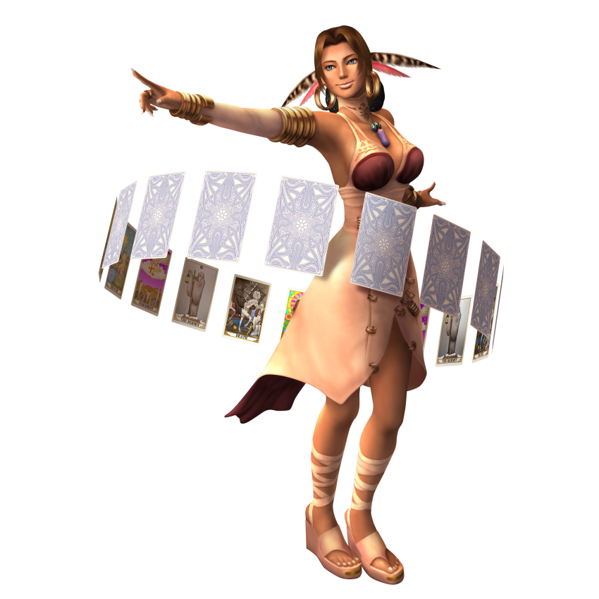 1girl 3d absurdres blue_eyes breasts brown_hair card dark-skinned_female dark_skin detached_sleeves dress earrings female_focus full_body highres jewelry long_hair lucia_(shadow_hearts) nail_polish necklace official_art pointing sandals shadow_hearts shadow_hearts_ii simple_background solo white_background