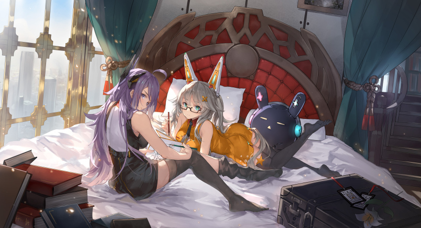2girls ahoge animal_ears bare_arms bare_shoulders bed black_shirt black_skirt black_thighhighs blue_eyes book breasts chinese_commentary commentary_request crosscore do2mi_doreimi dress fake_animal_ears from_behind glasses grey_hair headgear high-waist_skirt highres leg_up long_hair looking_at_viewer looking_back lying medium_breasts multiple_girls necktie no_shoes official_art on_bed on_stomach purple_eyes purple_hair semi-rimless_eyewear shirt skirt sleeveless sleeveless_dress sleeveless_shirt suitcase thighhighs very_long_hair yellow_dress zettai_ryouiki