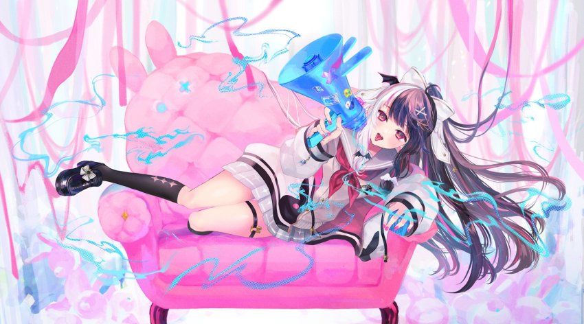 1girl black_footwear black_socks cardigan ch4nge_(cevio) commentary_request commission couch hair_ornament hair_ribbon highres holding holding_megaphone long_hair long_sleeves looking_at_viewer lying megaphone multicolored_hair nail_polish nijisanji on_side pink_nails portrait ribbon school_uniform sekai_tsuzuru serafuku skirt sleeves_past_wrists socks solo split-color_hair sticker streaked_hair stuffed_toy swept_bangs thighs tongue tongue_out very_long_hair virtual_youtuber yorumi_rena yorumi_rena_(9th_costume)