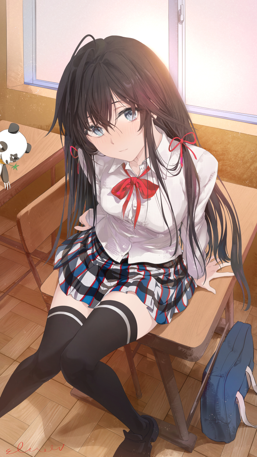 1girl absurdres ahoge bag black_hair black_thighhighs blue_eyes breasts chair classroom closed_mouth collared_shirt desk ebonvow foot_out_of_frame hair_ribbon highres indoors knees_together_feet_apart light_blush long_hair long_sleeves looking_at_viewer miniskirt neck_ribbon on_desk plaid_clothes plaid_skirt pleated_skirt red_ribbon ribbon school_bag school_chair school_desk school_uniform shirt signature sitting skirt small_breasts sobu_high_school_uniform solo stuffed_animal stuffed_panda stuffed_toy thighhighs white_shirt window wooden_floor yahari_ore_no_seishun_lovecome_wa_machigatteiru. yukinoshita_yukino zettai_ryouiki